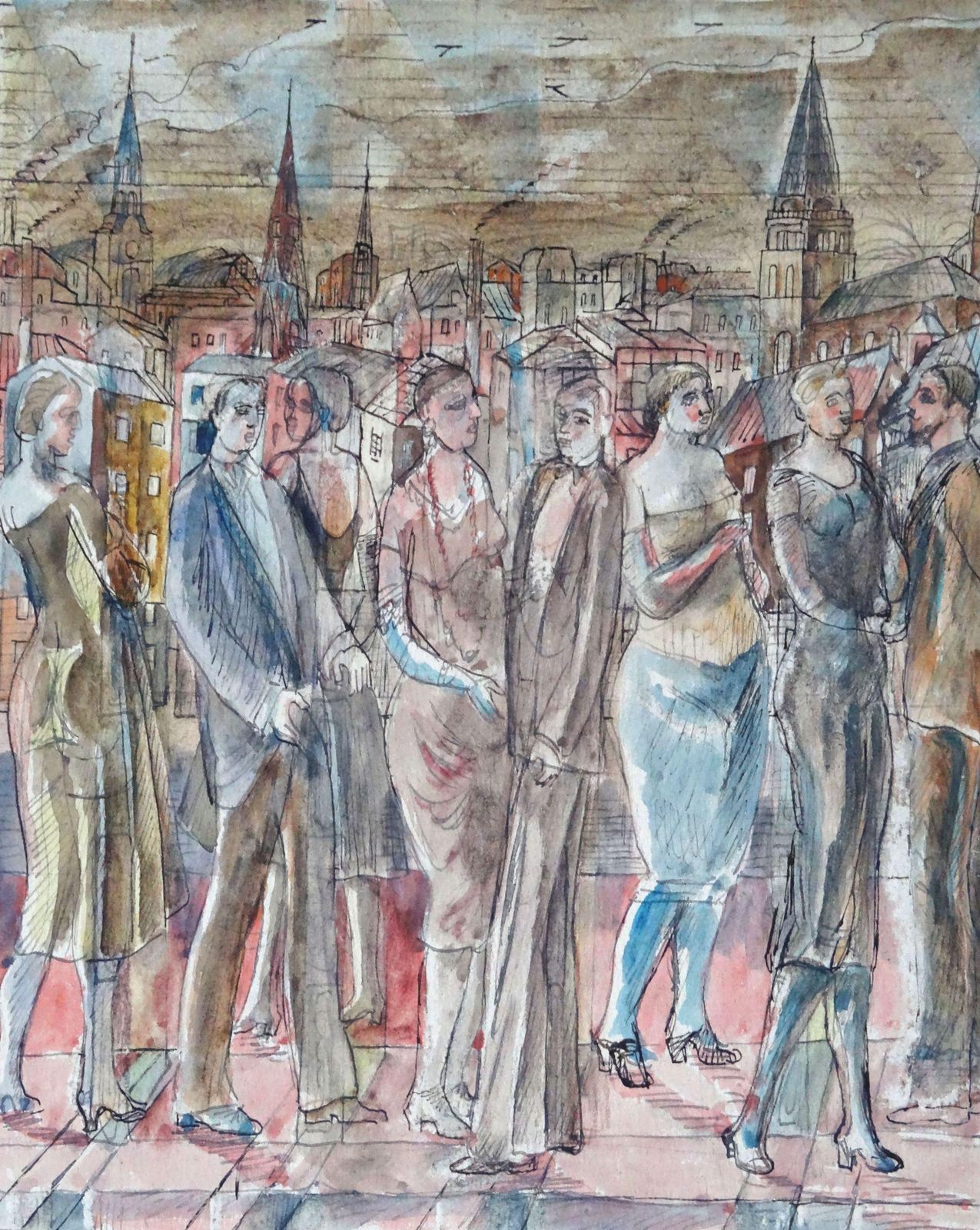 Adolfs Zardins Overflight Over The City. 1947, Paper, Mixed Media,