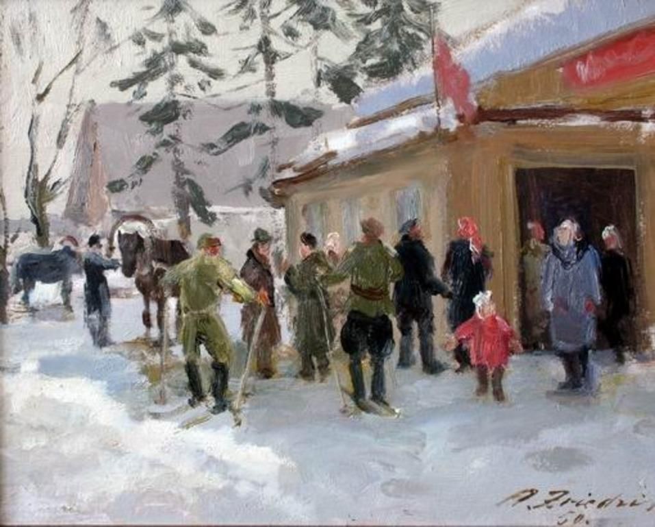 Aleksandrs Zviedris Kolkhoz In Winter. 1950, Oil On Cardboard,