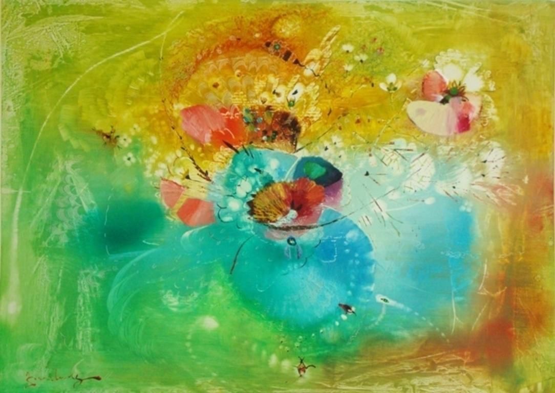 Juris Zvirbulis Summer Flowers In Yellow,Green,Cyan Colors. 1990s.Cardboard,Mixed Media