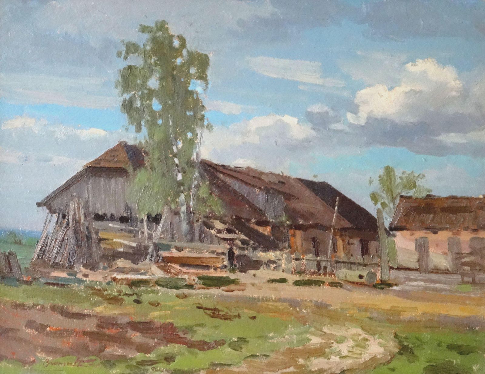 In Village Courtyard 1976 Cardboard Oil