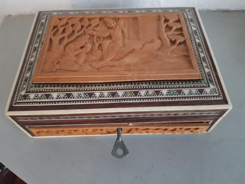 Superb Antique 19th C Anglo Indian Inlaid Mosaic Carved Wood Jewelry Sadeli Box photo furniture
