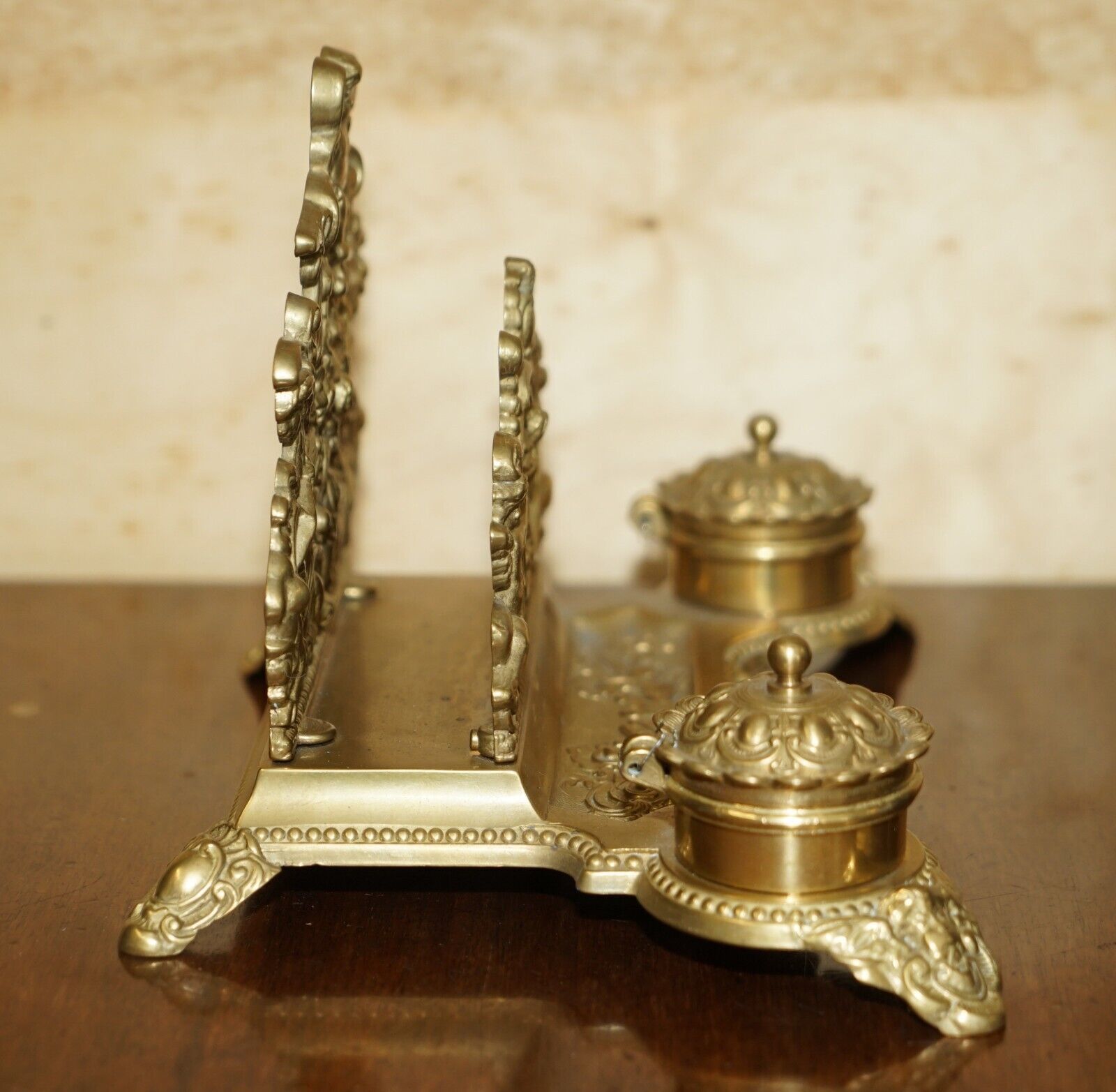 photo for sale Lovely Antique French Baroque Repousse Gilt Brass Cherub Inkwell Letter Stand