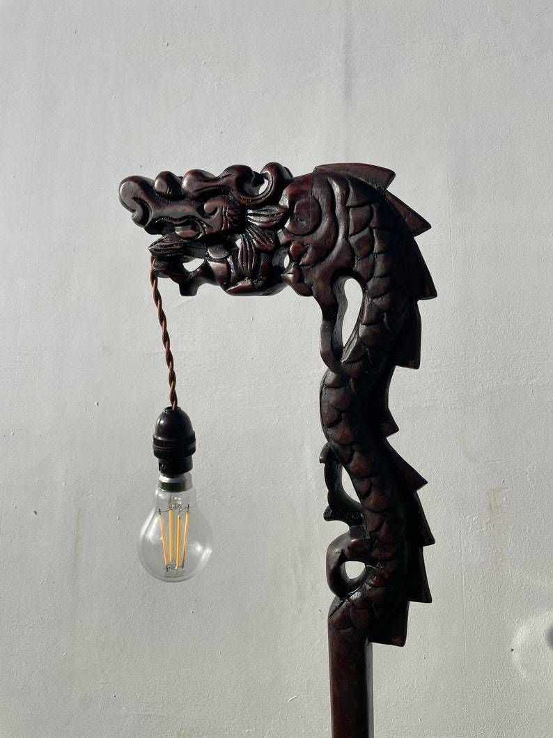 Antique Hand Carved Hardwood Oriental Dragon Table Lamp 1920's photo furniture