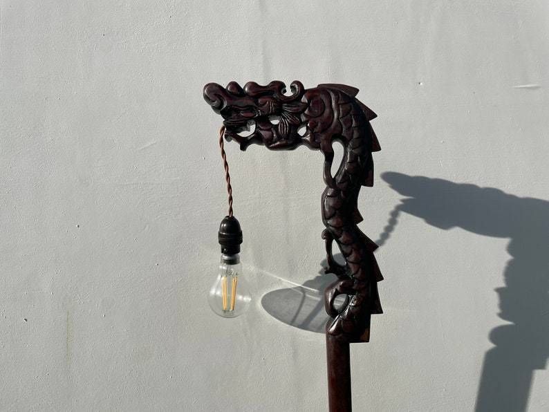 Antique Hand Carved Hardwood Oriental Dragon Table Lamp 1920's photo Lighting