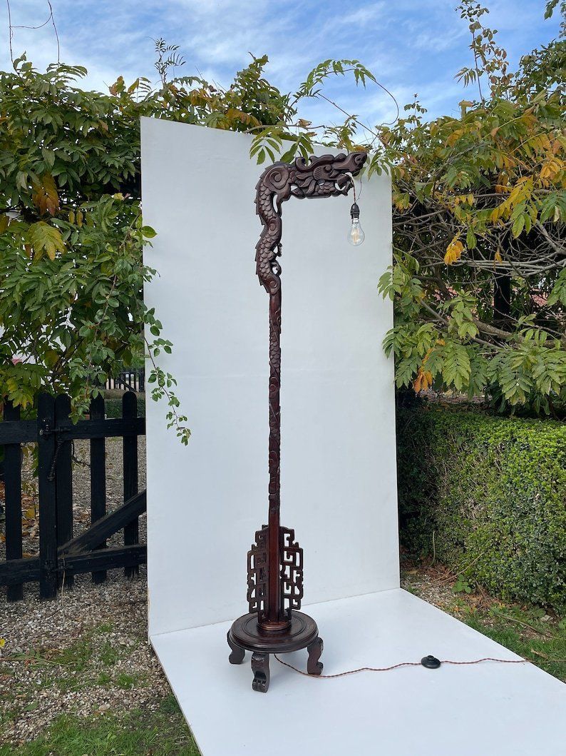 Antique Hand Carved Hardwood Oriental Dragon Floor Lamp 1920's photo Lighting