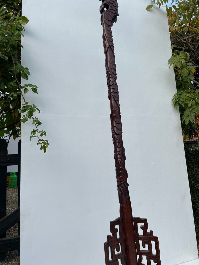 Antique Hand Carved Hardwood Oriental Dragon Floor Lamp 1920's photo vinterior