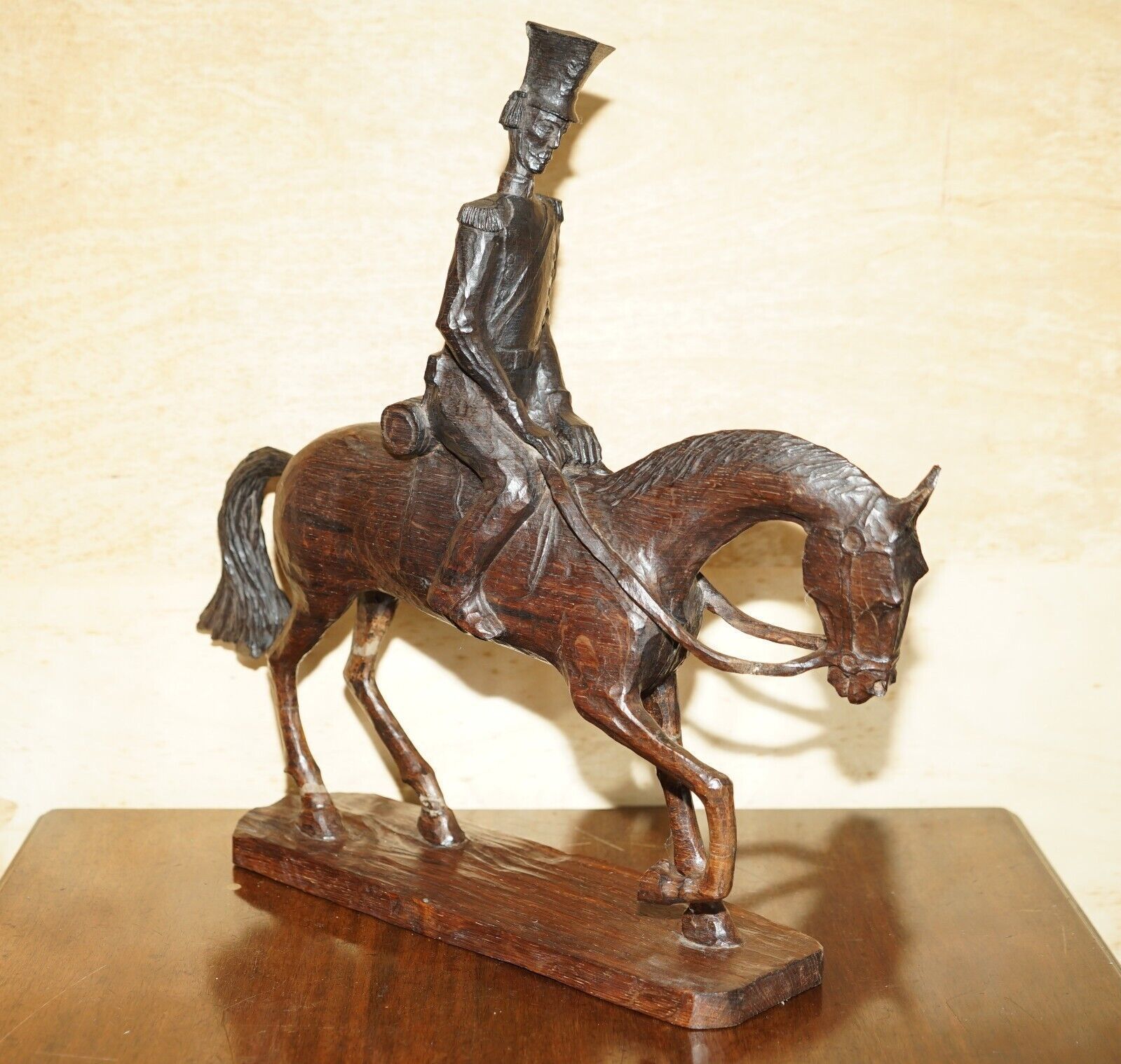Hand Carved Signed Wakmaski 80 Large Wood Statue Of Soldier On A Horse Very Fine