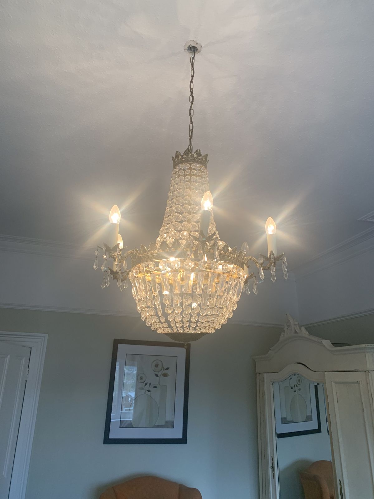 Antique Gilt Metal And Crystal Chandelier photo Lighting