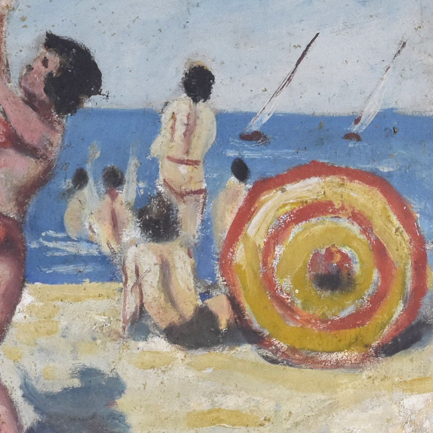 Young Woman Frolicking At The Beach Oil On Panel 1950 Signed Serge photo 1615.0