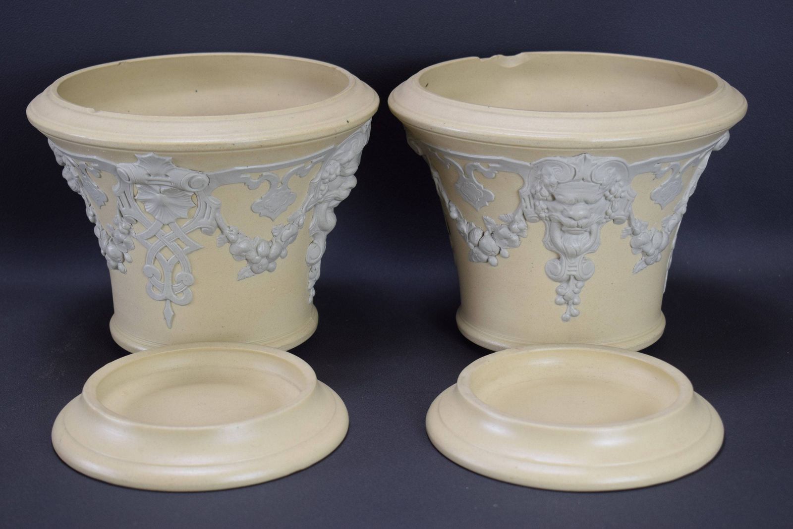 photo furniture Rare Pair Of Victorian Cache Pots By Sarreguemines Ceramic Wedgwood Jasper Ware