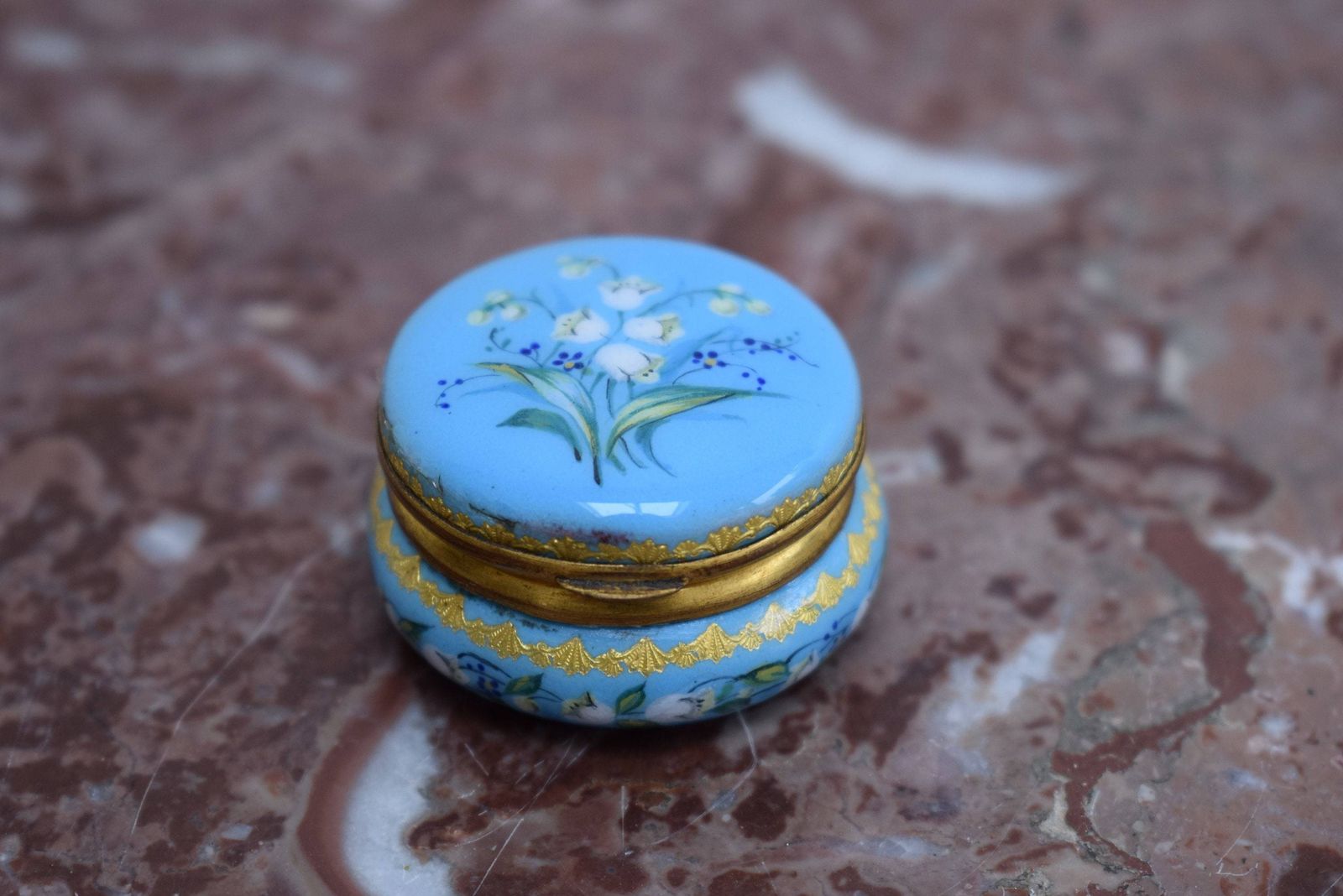 Turquoise Blue Enamel Pill Box Patch Box Small Round Trinket Keeper Lily Of The Valley photo furniture