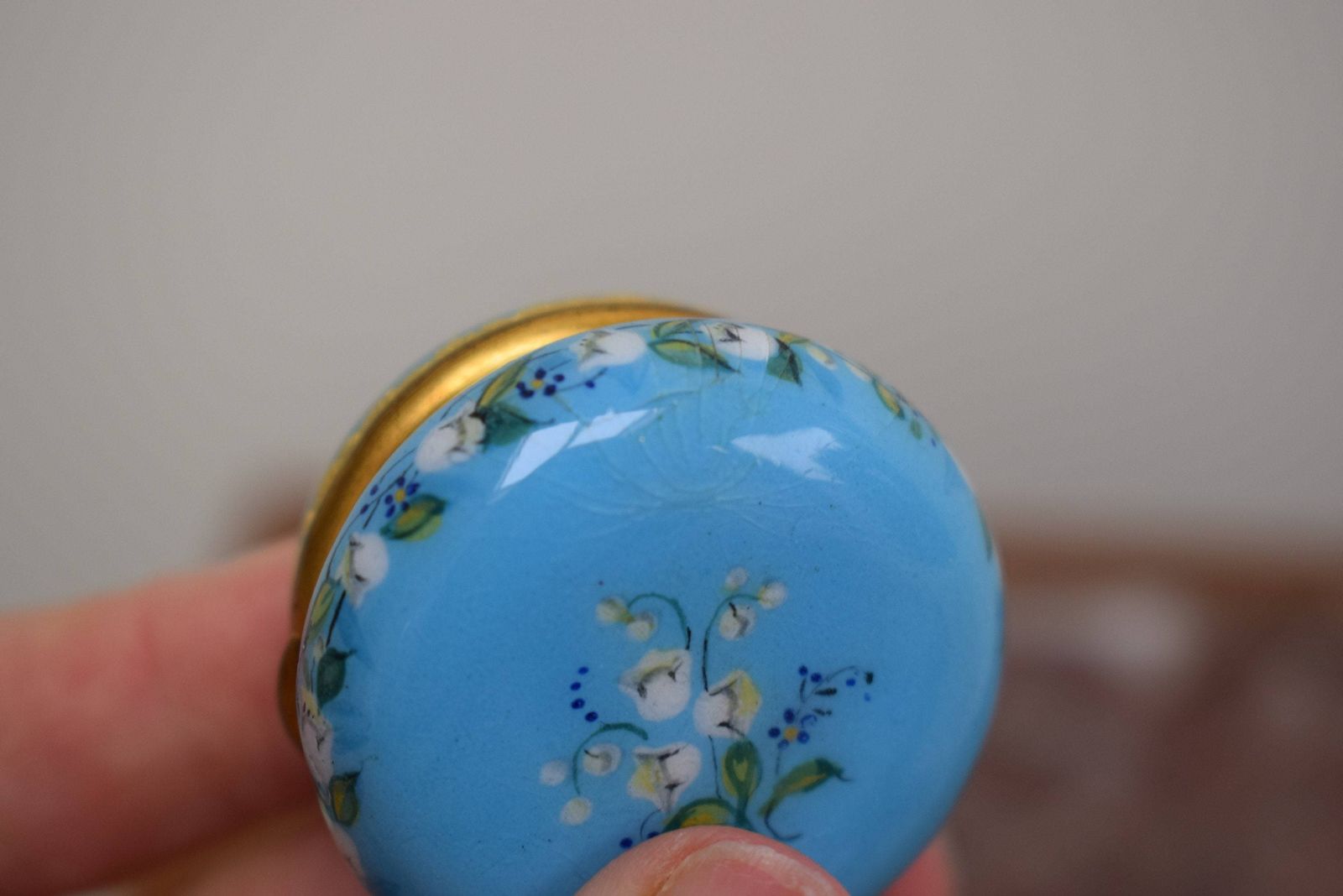 photo furniture Turquoise Blue Enamel Pill Box Patch Box Small Round Trinket Keeper Lily Of The Valley