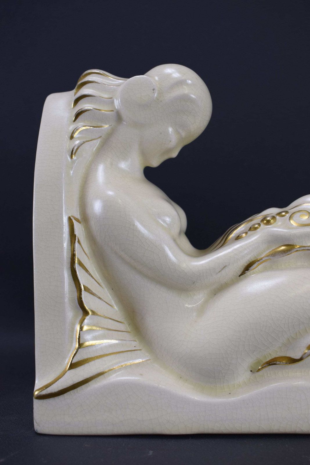 Art Deco Pair Of Mermaid Bookends By Lejan Orchies White Ceramic photo for sale