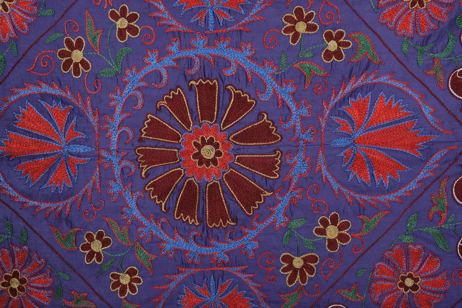 Silk Purple Suzani  Runner, Colourful Suzani Wall Hanging And Tablecloth, Hand Embroidered Ethnic Bed Cover 3'5'' X 6'4' photo 350.0