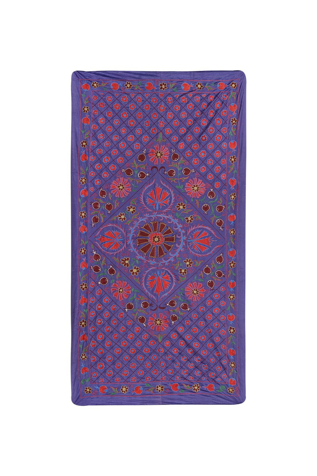 Silk Purple Suzani  Runner, Colourful Suzani Wall Hanging And Tablecloth, Hand Embroidered Ethnic Bed Cover 3'5'' X 6'4'