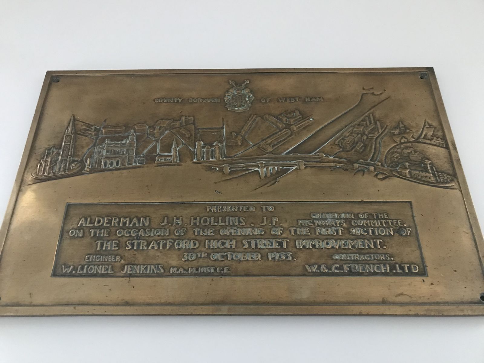 County Borough Of West Ham (London ) Brass Plaque Presented In 1933. photo furniture