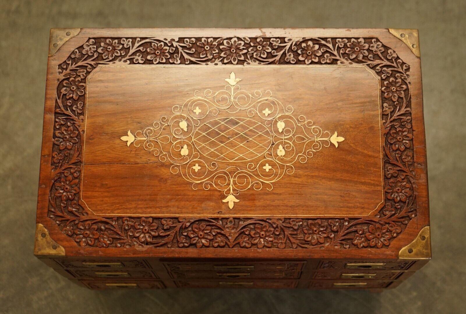 Small Antique Anglo Indian Military Campaign Brass Side Table Tea Chest Drawers photo vinterior