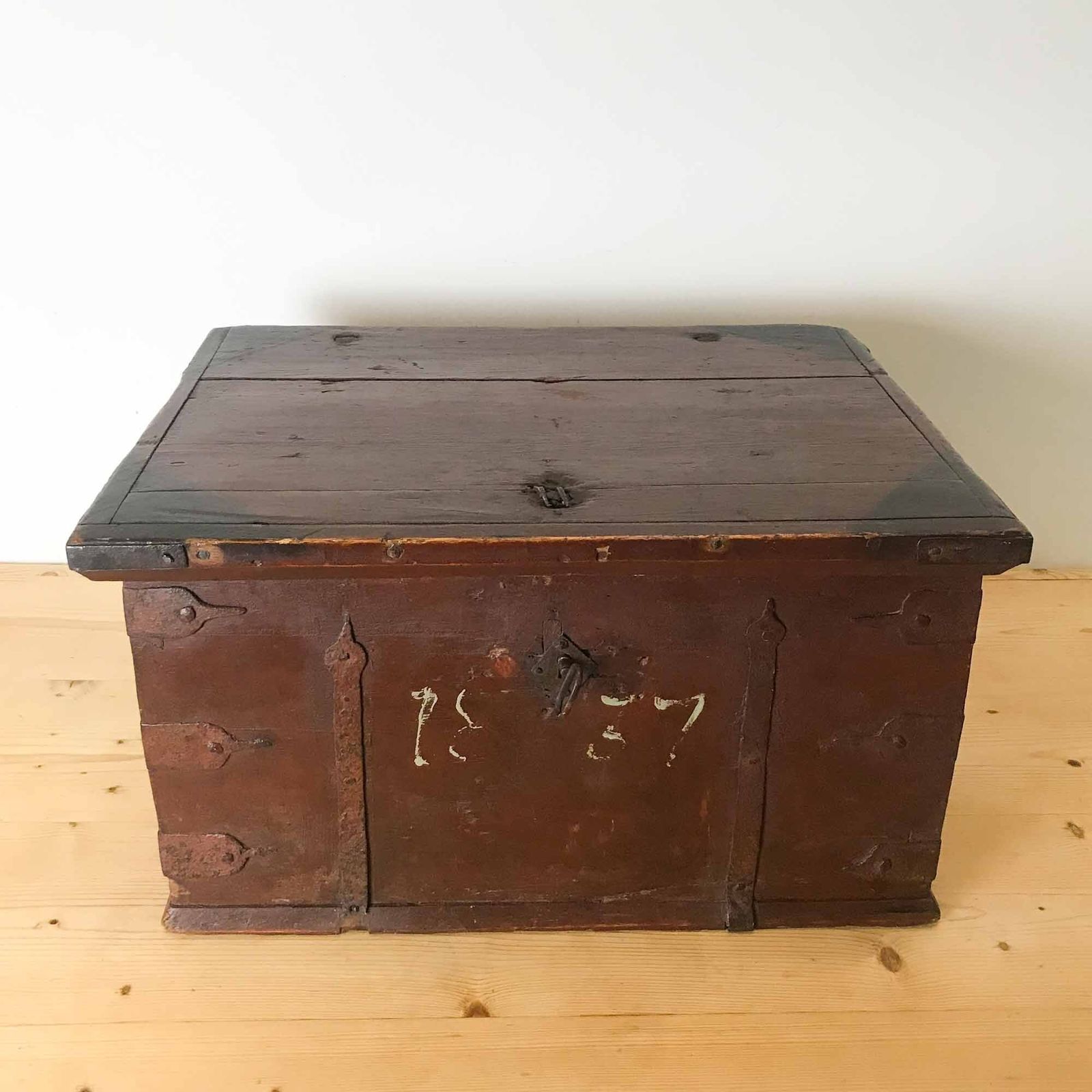 Antique Scandinavian Painted Pine Box, Dated 1837 photo for sale