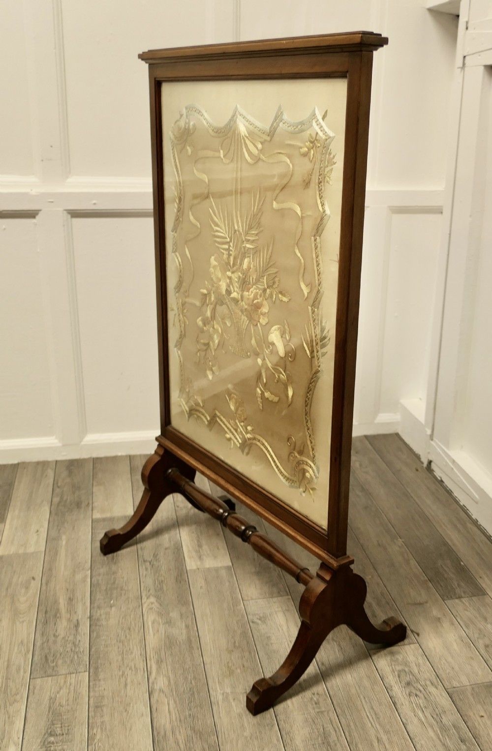 Victorian Hand Embroidered Silk And Mahogany Fire Screen photo buy
