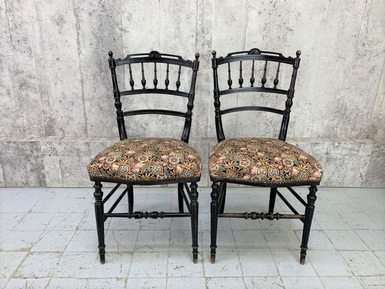 Pair Of Decorative Ebonised Napoleon III Hand Painted Bedroom Chairs photo furniture