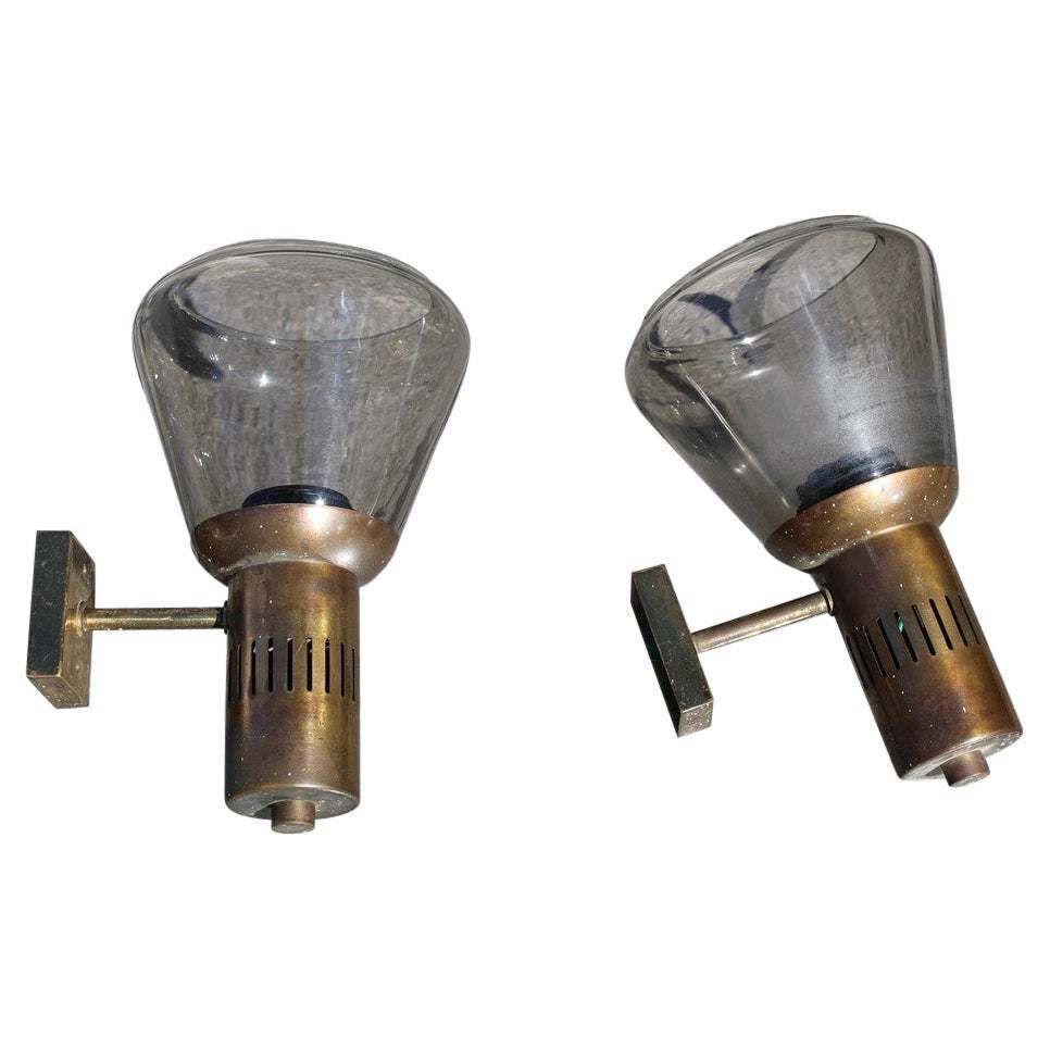 Pair Wall Lights Mid Century Italian Design Brass Parts And Murano Glass 1950s