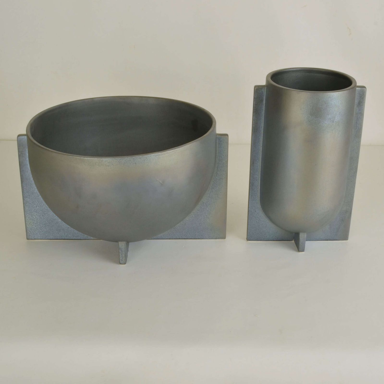Modern Sculptural Ceramic Vases In Metallic Grey Glaze photo furniture