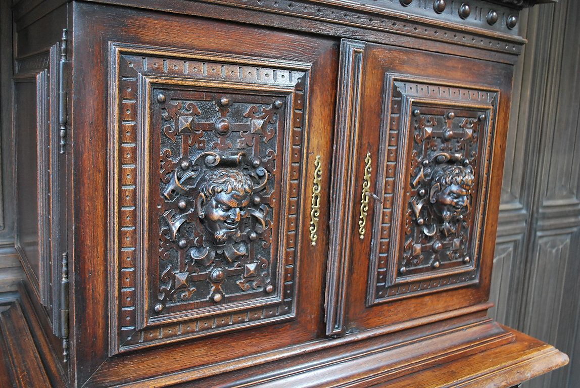 Antique Italian Oak Renaissance Revival Collectors Cabinet On Stand photo 995.0