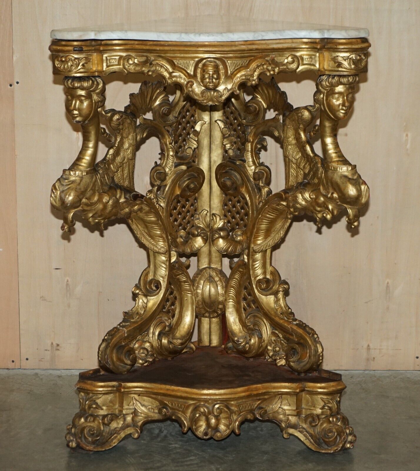 Exquisite Antique Italian Gold Giltwood Italian Marble Herm Carved Corner Table photo furniture