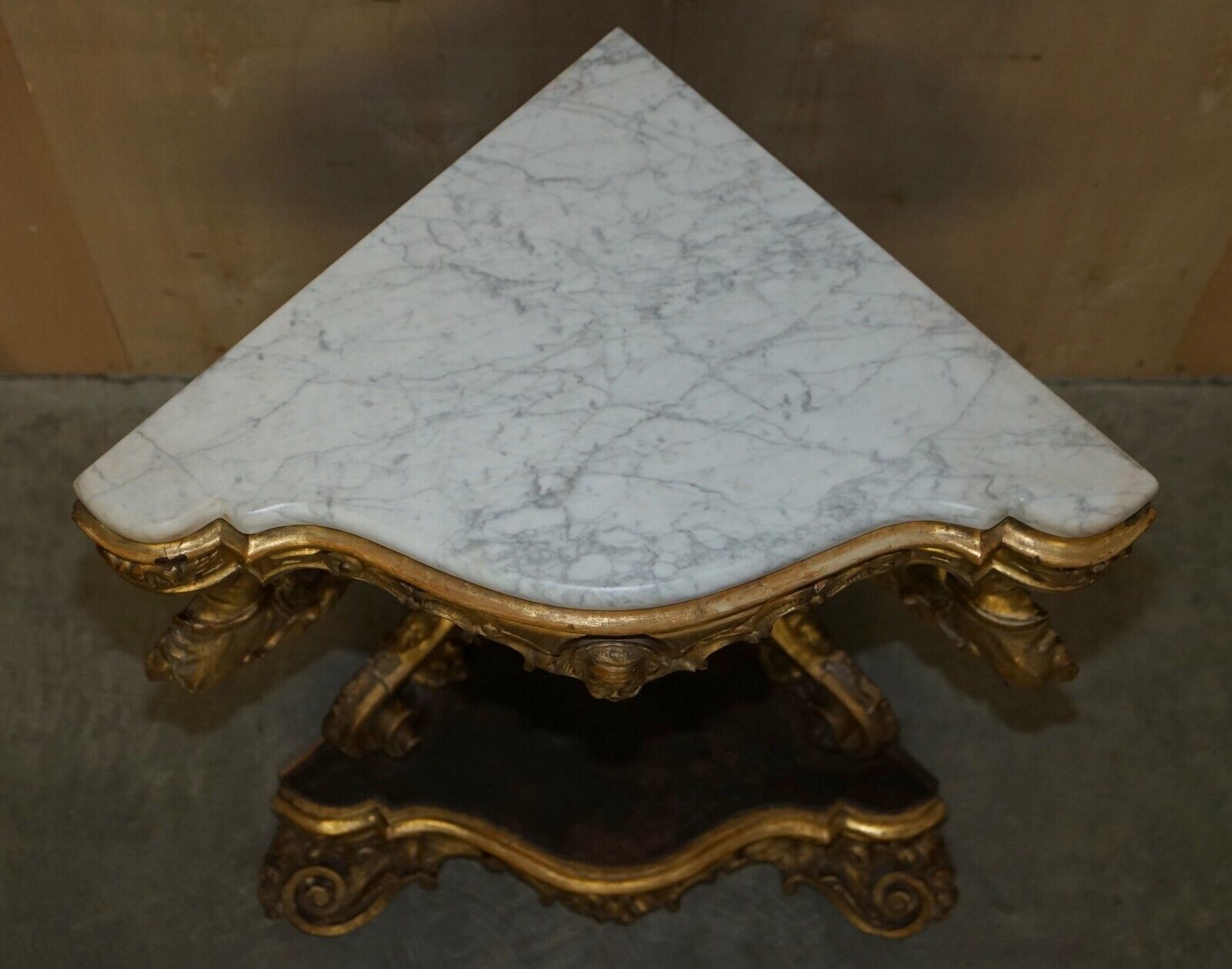 Exquisite Antique Italian Gold Giltwood Italian Marble Herm Carved Corner Table photo vintage