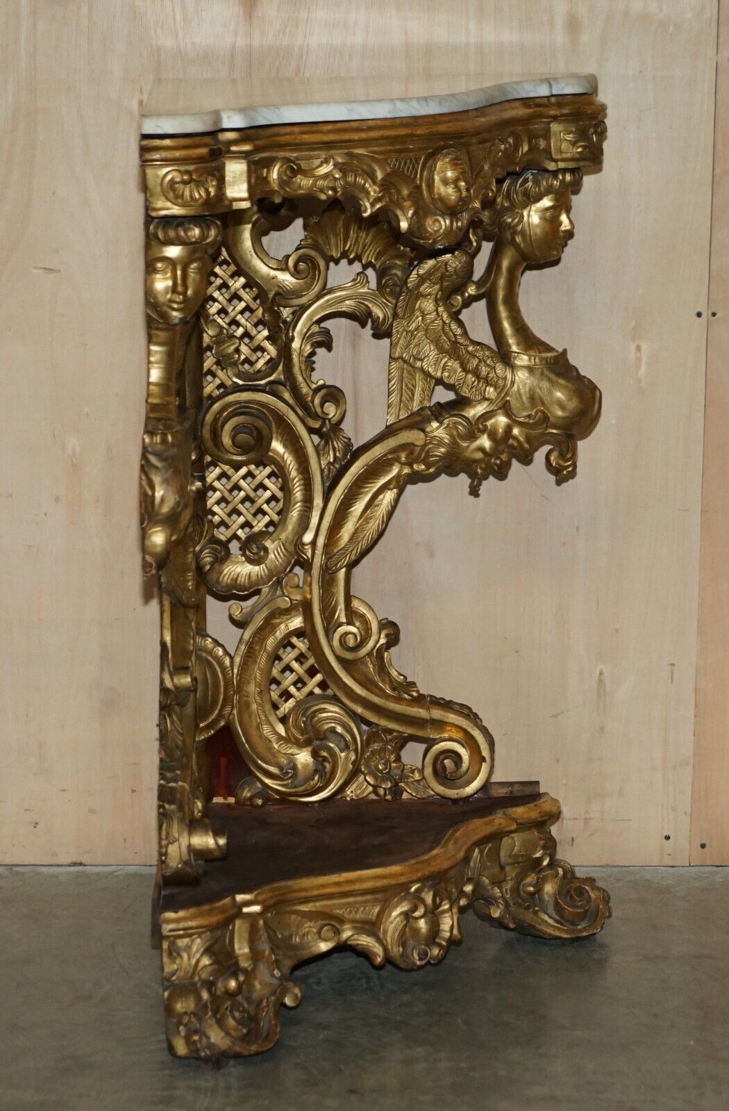 Furniture Exquisite Antique Italian Gold Giltwood Italian Marble Herm Carved Corner Table photo