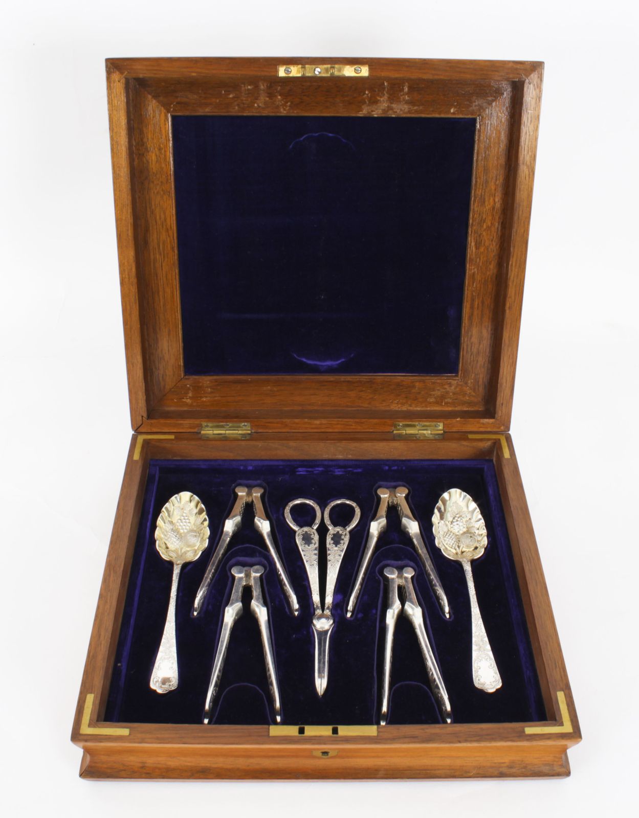 Antique Boxed Fruit Set Spoons, Nutcrackers, Grape Scissors Hukin & Heath19th C photo for sale