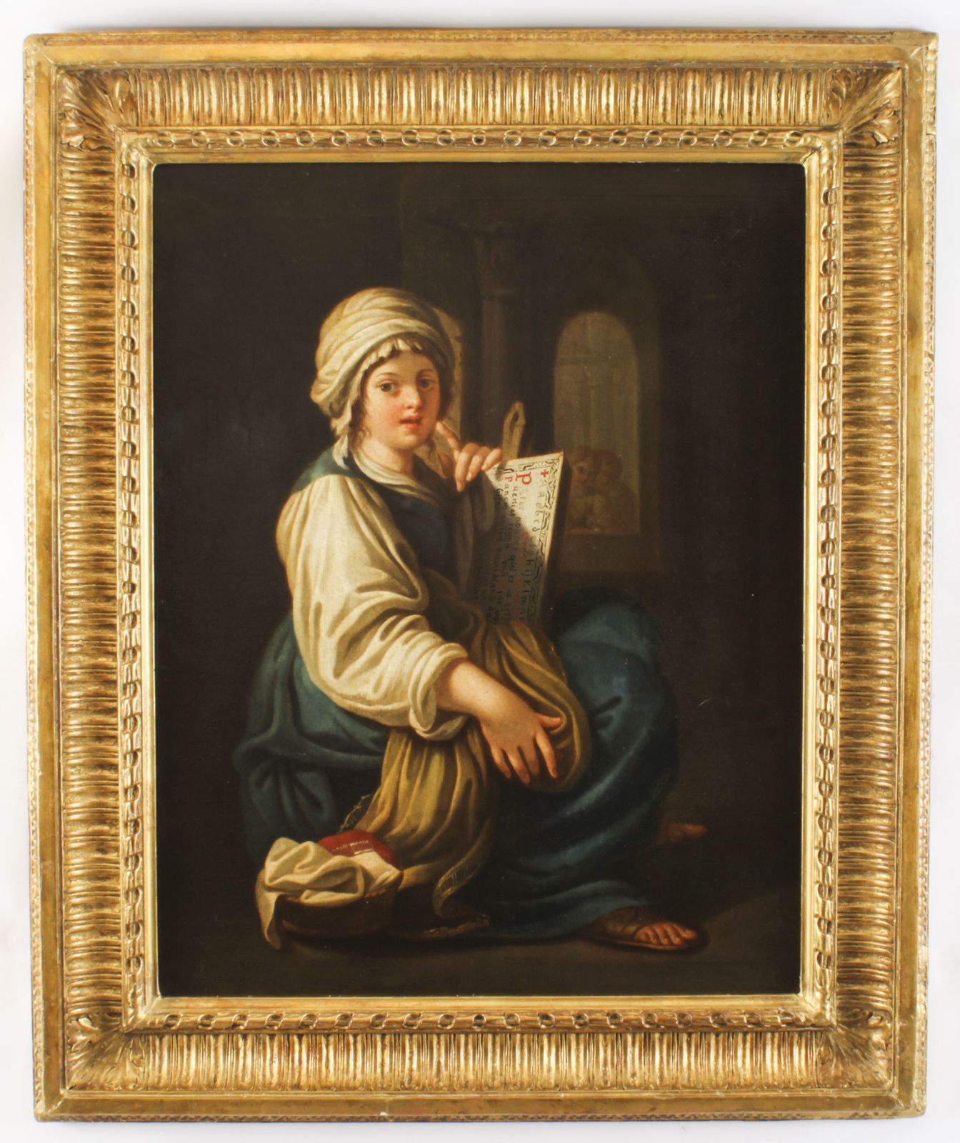 Antique Italian School Oil Painting "Young Lady Reading A Scroll"  19th C