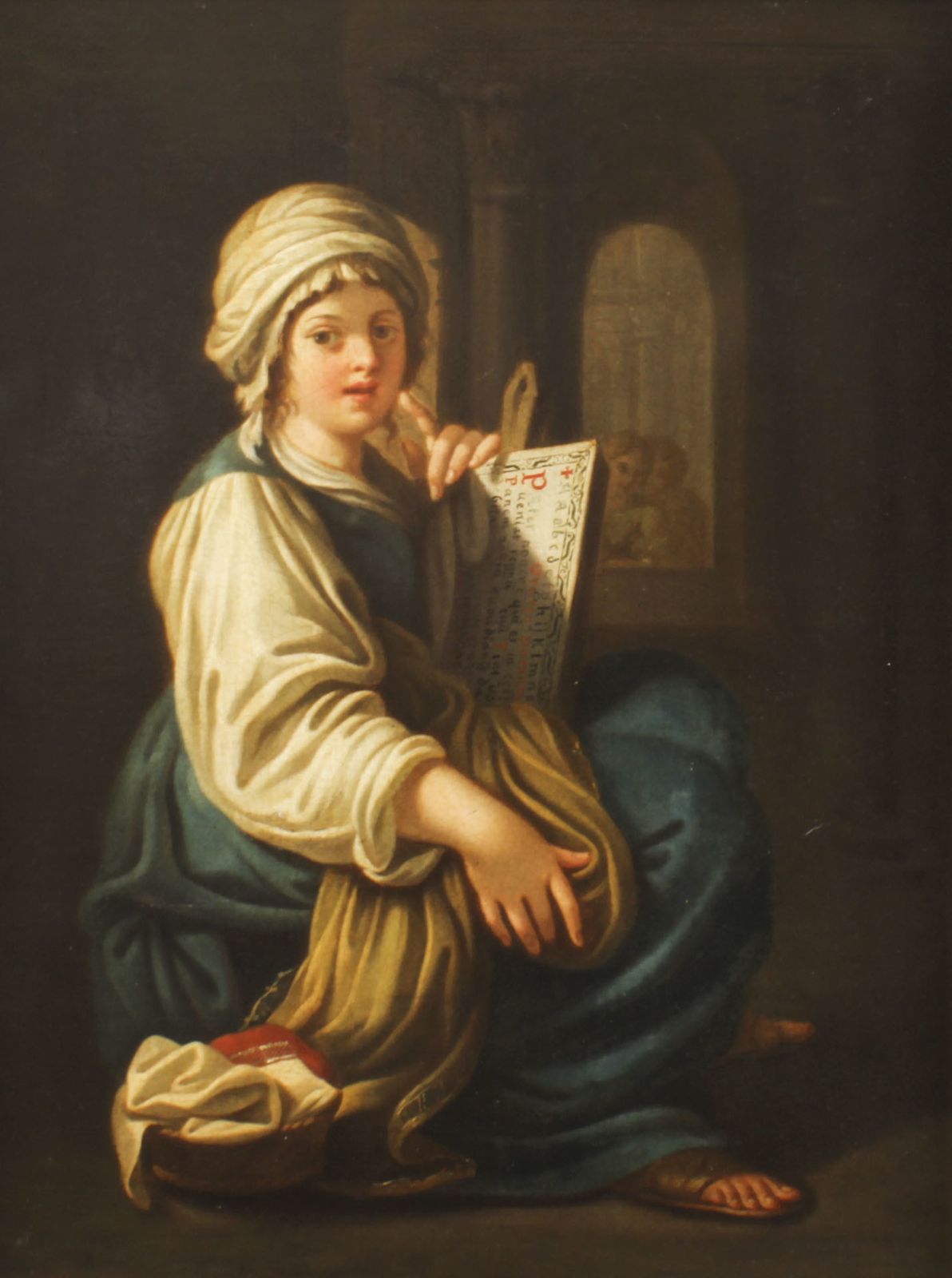 Antique Italian School Oil Painting "Young Lady Reading A Scroll"  19th C photo furniture