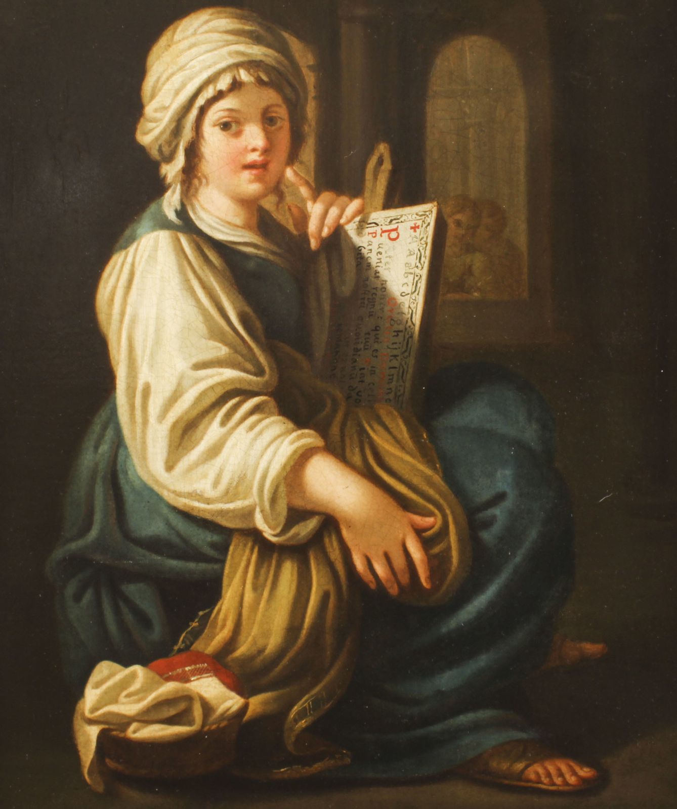 Antique Italian School Oil Painting "Young Lady Reading A Scroll"  19th C photo for sale