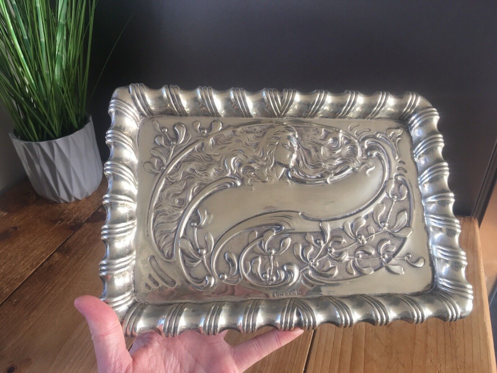 110.0 Antique C1900 Art Nouveau Reynolds & Westwood Lady Maiden Epns Silver Card Tray photo
