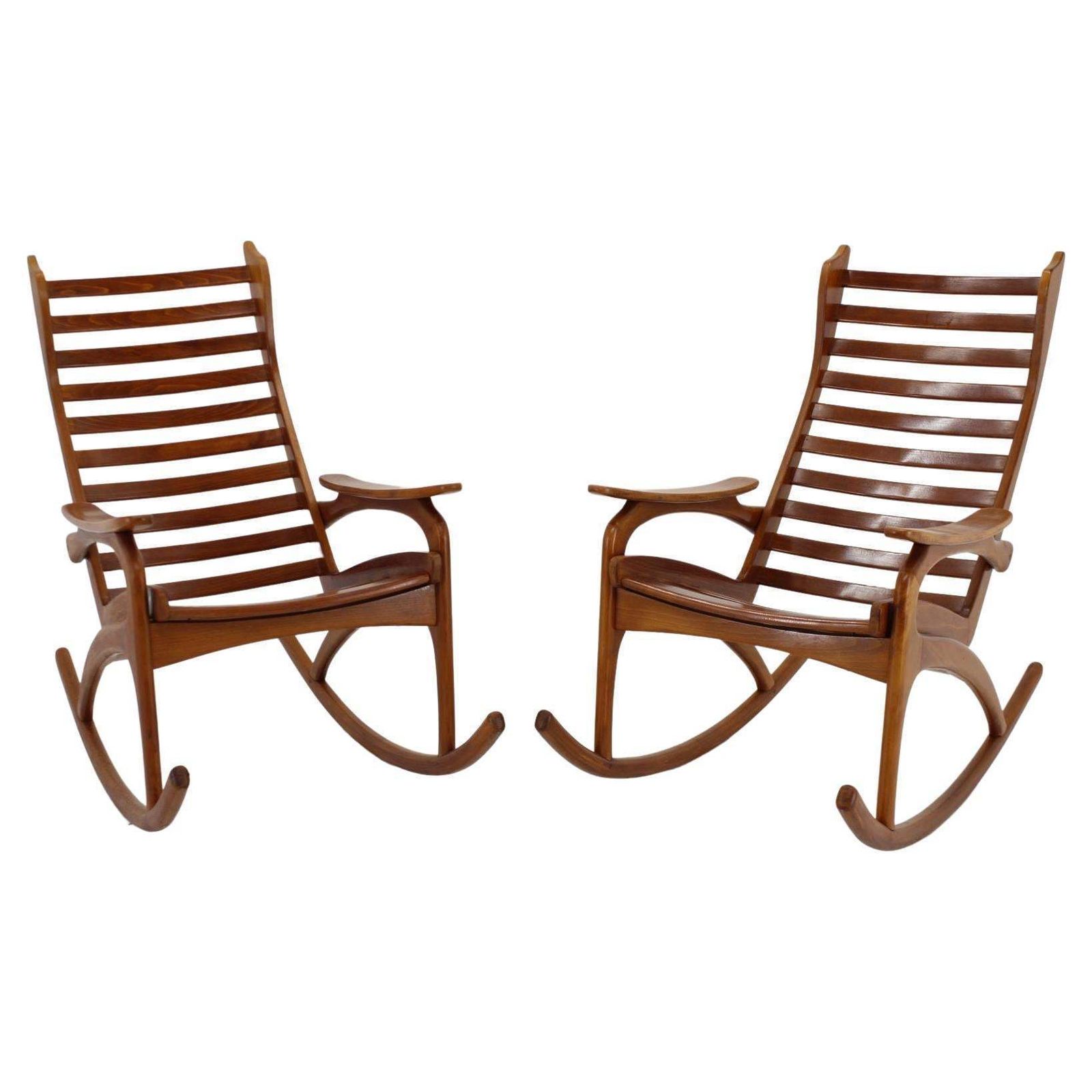 1960s Pair Of Rare Beech Rocking Chairs By Uluv, Czechoslovakia