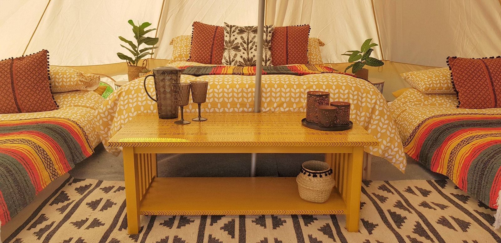 Oak Wood Coffee Table Hand Painted Mustard Yellow With Tribal Stencil Design In Black