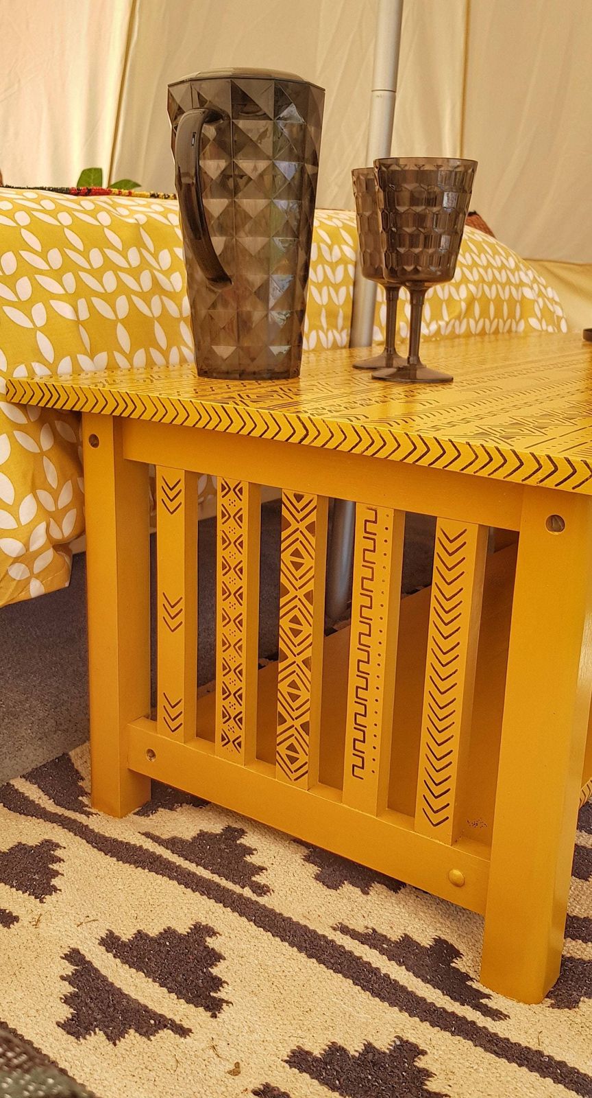 Oak Wood Coffee Table Hand Painted Mustard Yellow With Tribal Stencil Design In Black photo Furniture