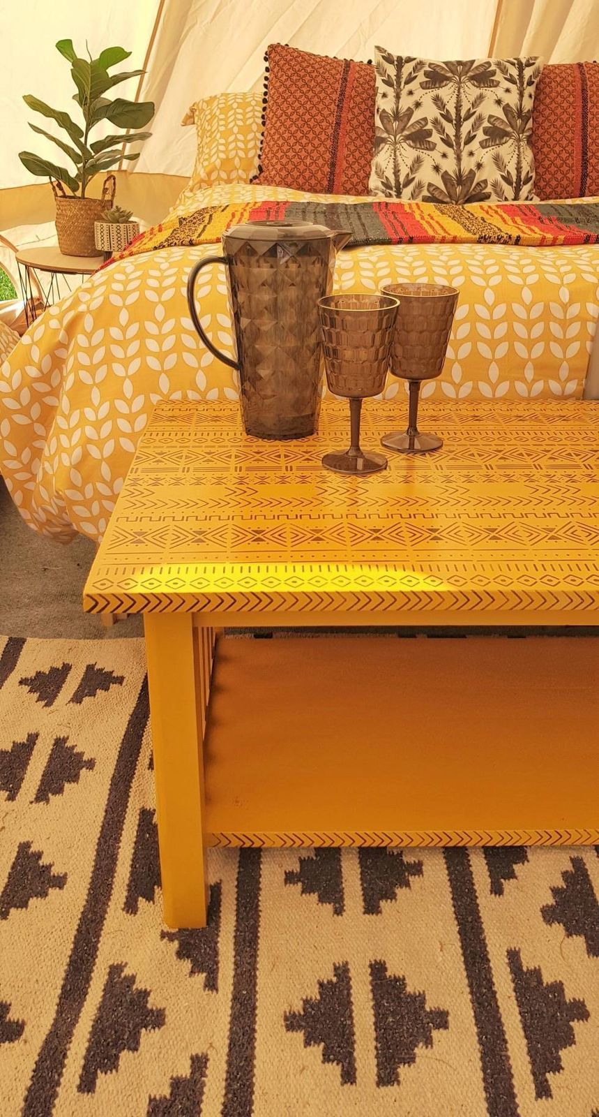 Oak Wood Coffee Table Hand Painted Mustard Yellow With Tribal Stencil Design In Black photo buy