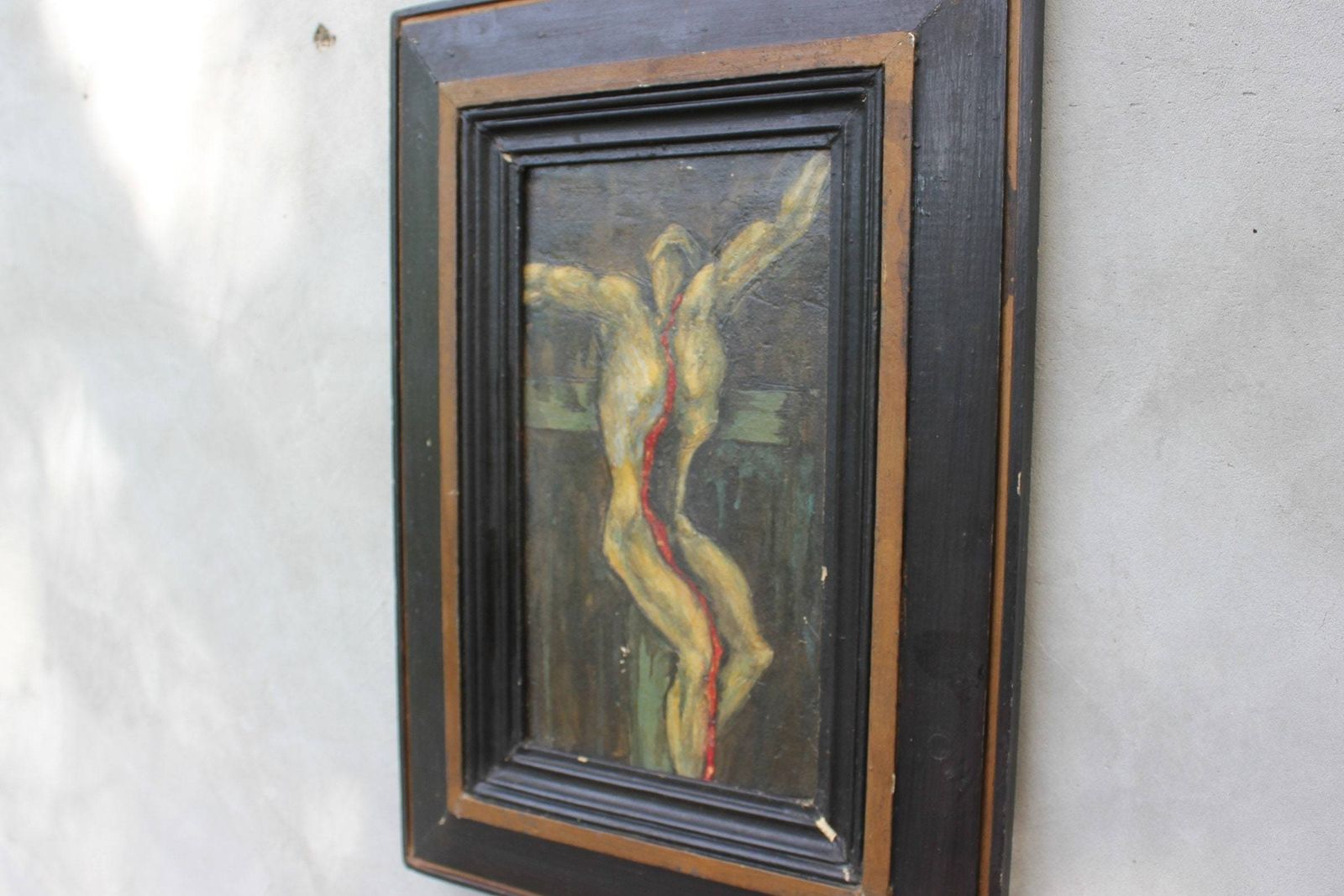 Crucifixion, Original Art Painting On Wood, Jesus On The Cross Oil Picture, Religious Painting In Dark Colors Modernistic Style Art photo for sale
