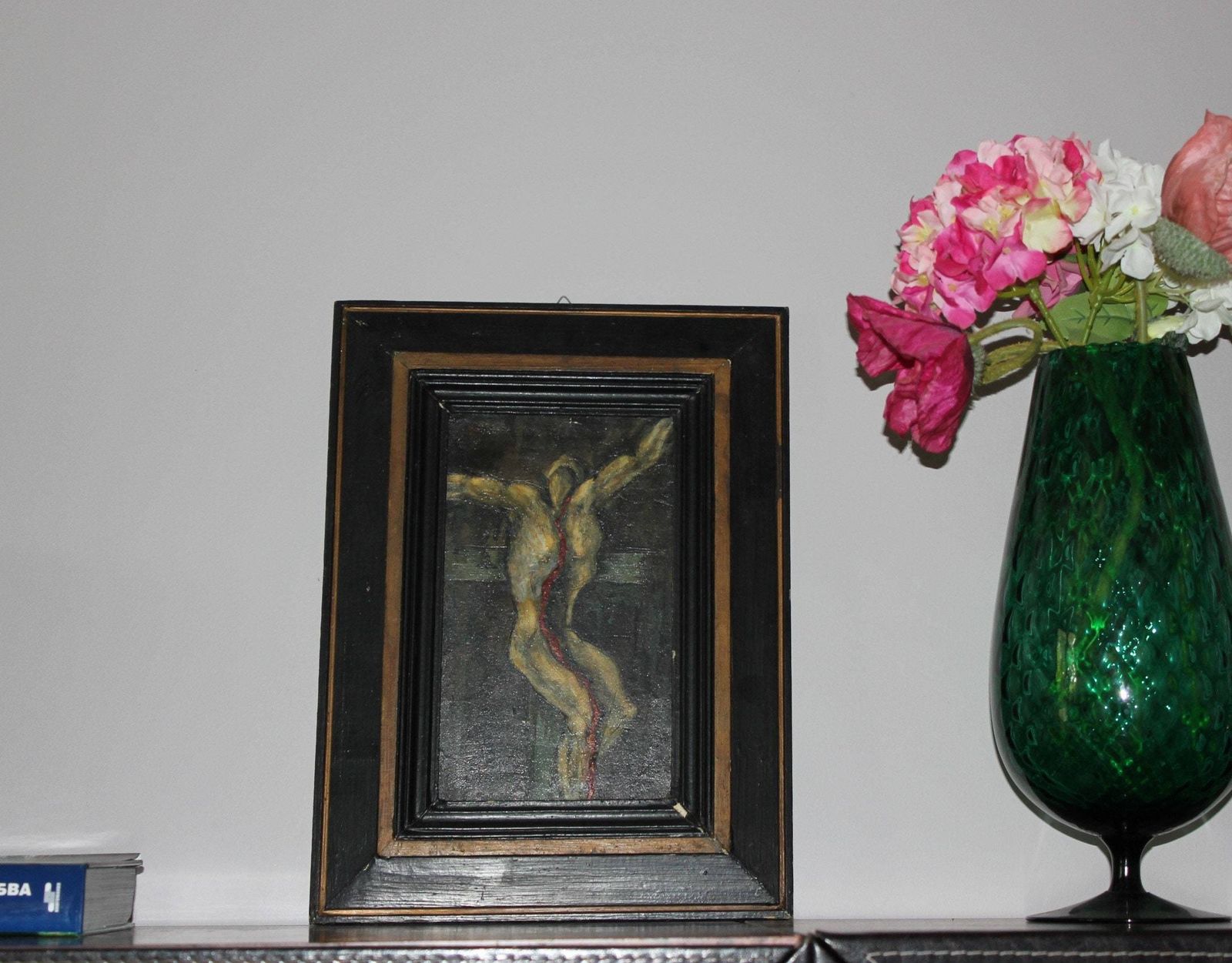 Crucifixion, Original Art Painting On Wood, Jesus On The Cross Oil Picture, Religious Painting In Dark Colors Modernistic Style Art