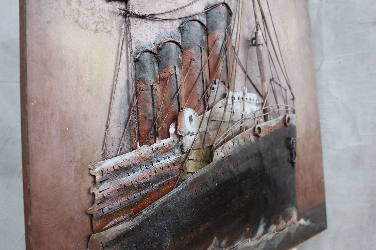 3d Metal Wall Marine Oil Painting Relief Wall Art Embossed Ship Mixed Media Wall Sculpture Retired Captain Gift photo vintage
