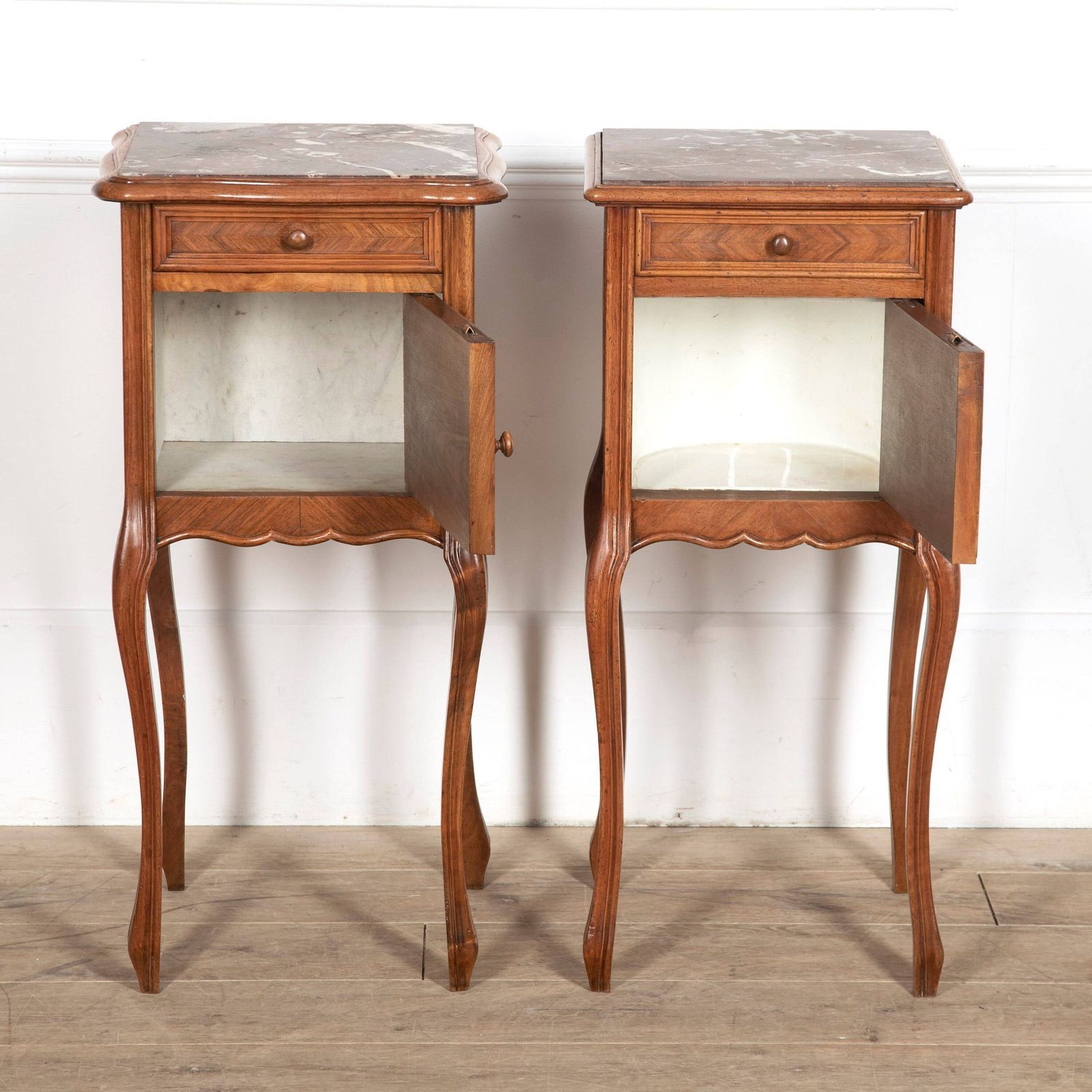 Near Pair Of Late 19th Century French Walnut Marble Topped Bedside Cabinets photo 1495.0
