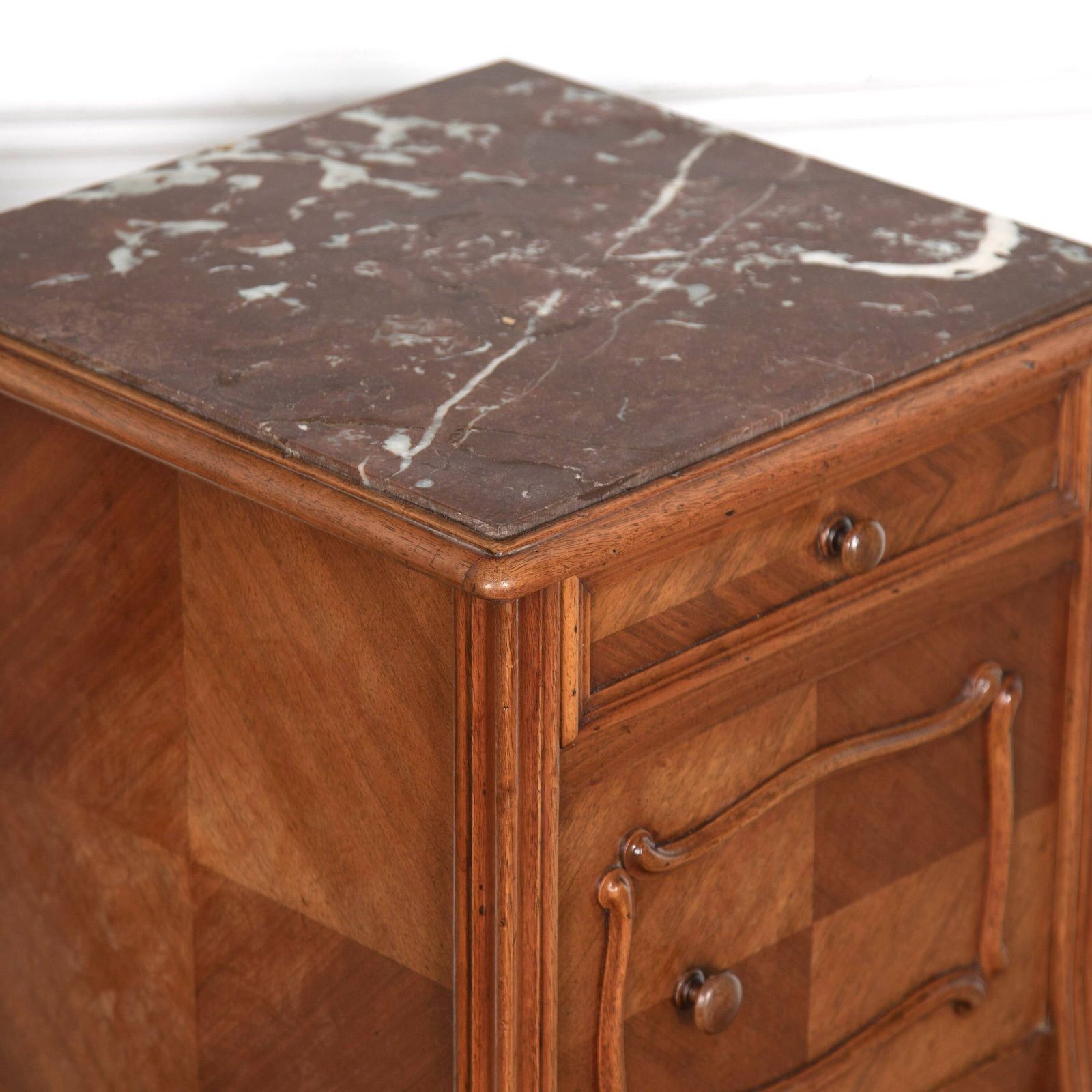 Near Pair Of Late 19th Century French Walnut Marble Topped Bedside Cabinets photo vintage