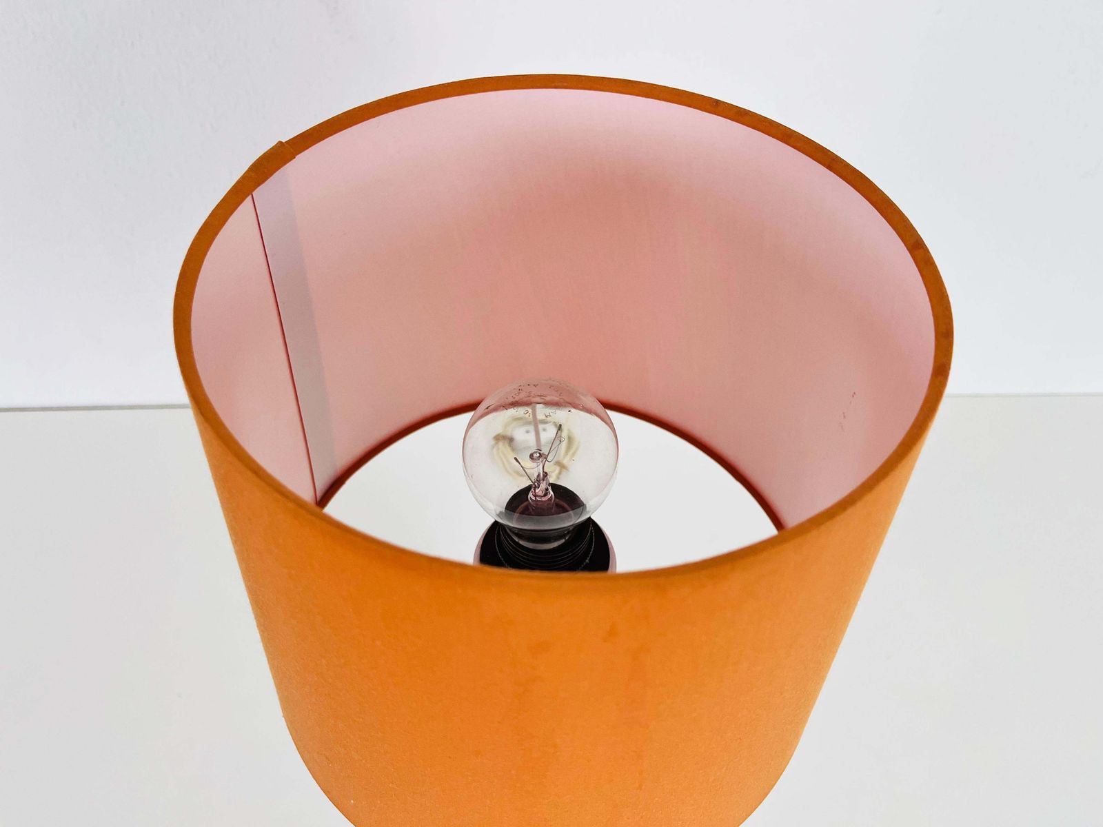 photo furniture Mid Century Orange Glass And Fabric Shade Table Lamp, 1960s
