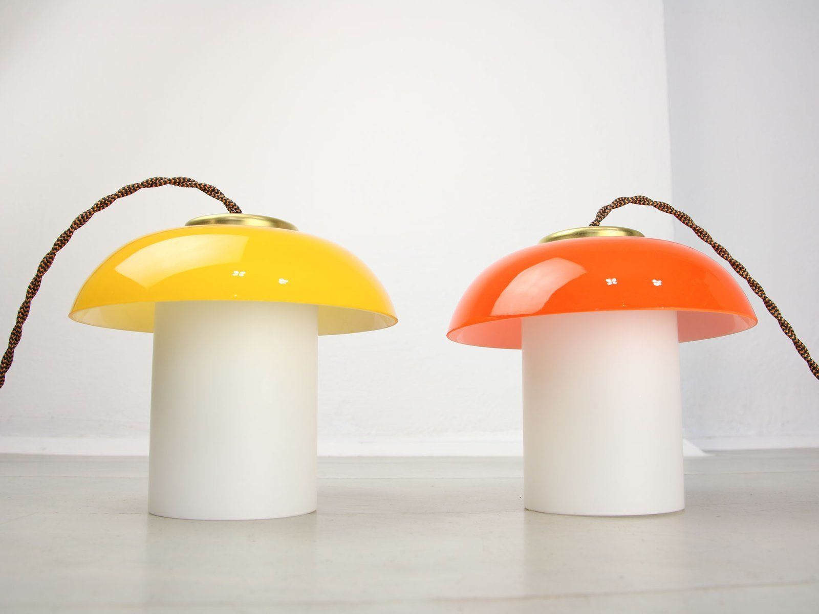 Mid Century Glass & Brass Mushroom Table Lamps, Set Of 2, Set Of 2 photo buy