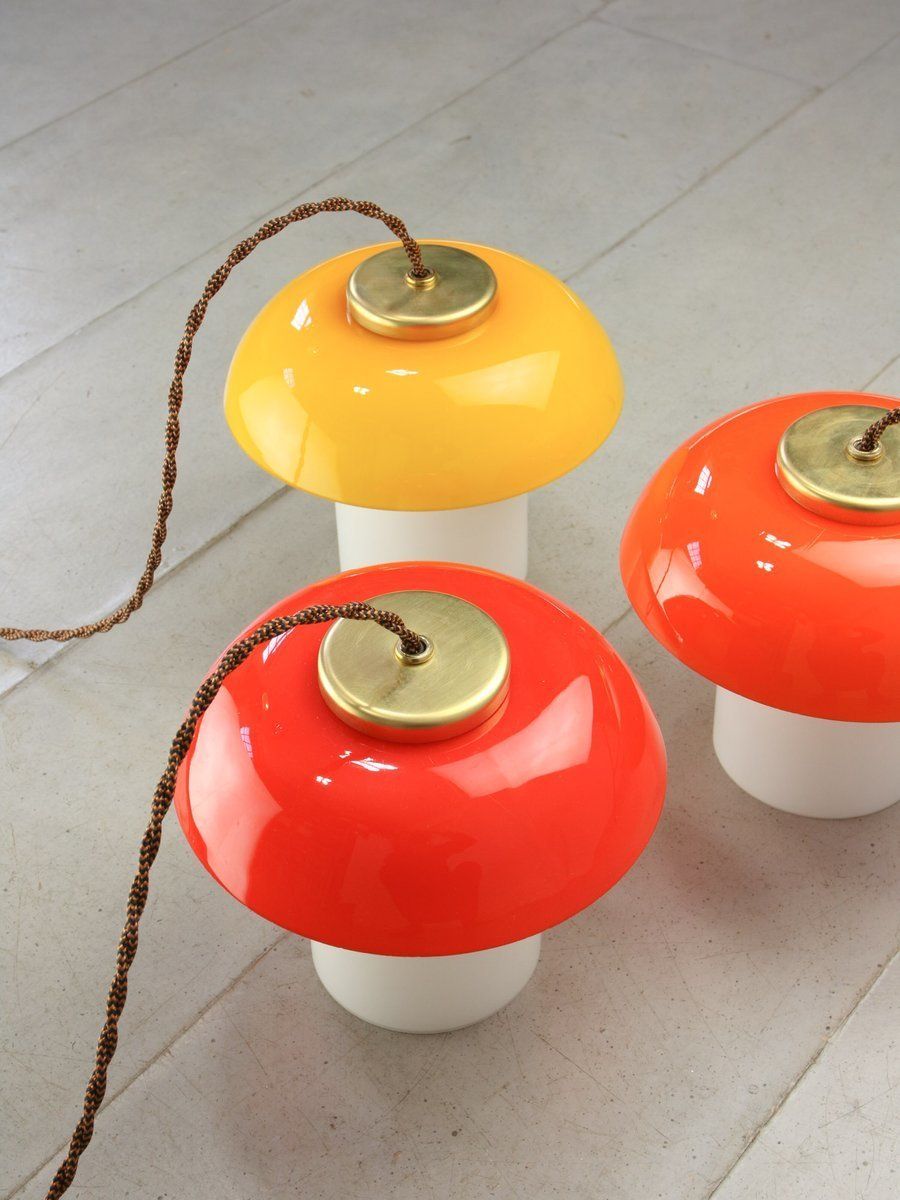 Lighting Mid Century Glass And Brass Mushroom Pendant Lamps, Set Of 2 photo