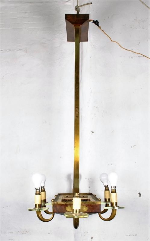 Art Deco Chandelier In Wood And Bronze, Circa 1930 photo for sale