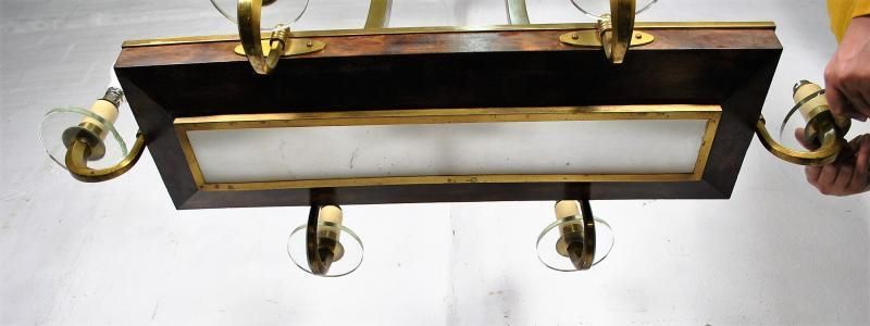 photo for sale Art Deco Chandelier In Wood And Bronze, Circa 1930