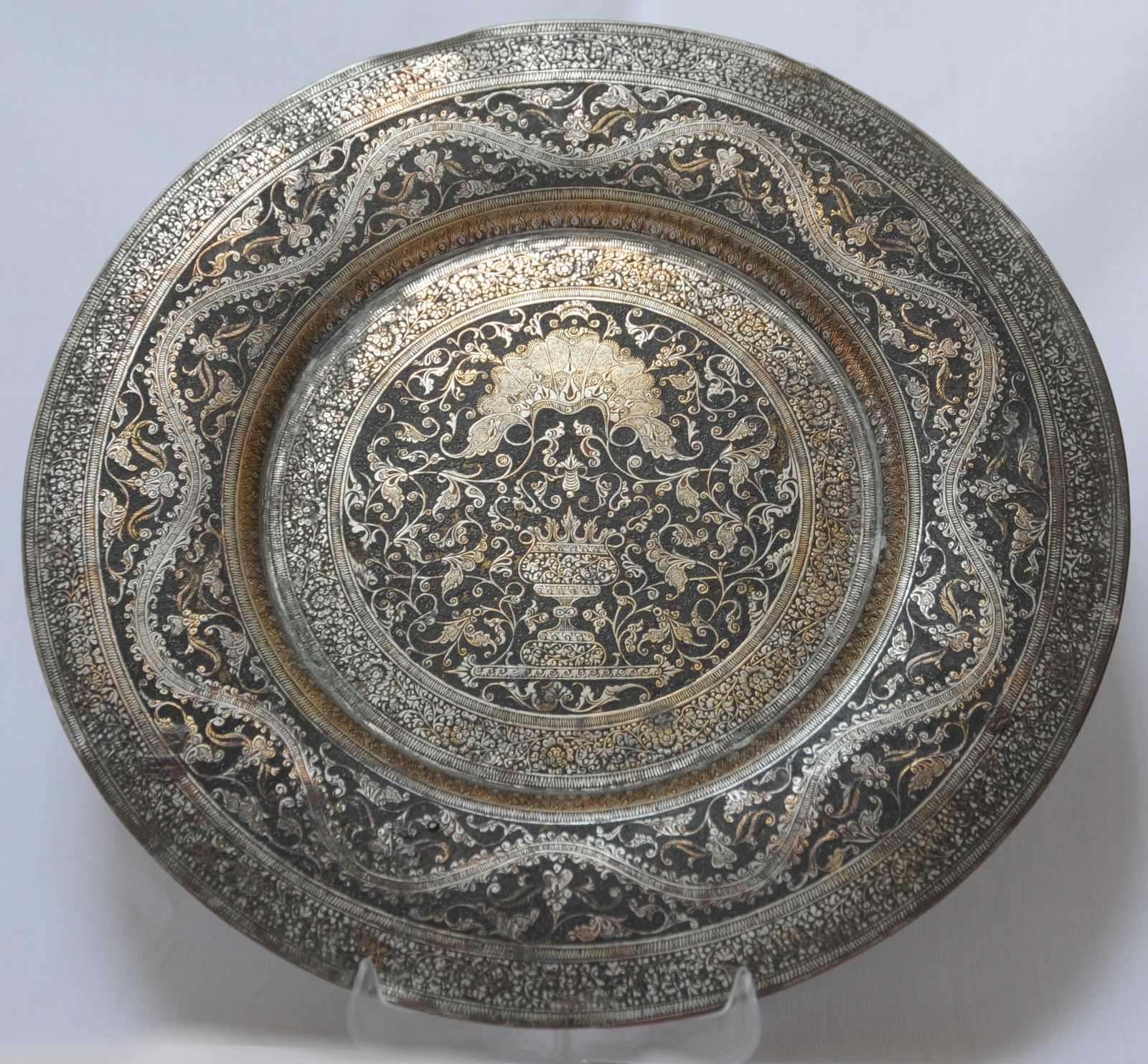 Antique Brass Indian Islamic Finely Engraved And Enamelled Charger photo for sale